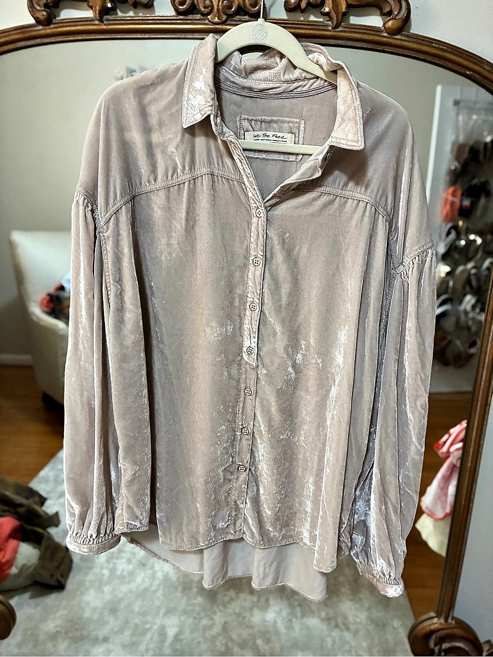 We The Free Night Skies Velvet Shirt Sheer Button Front Blouse in Pink Large